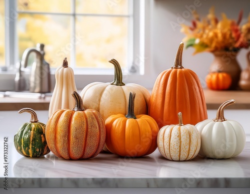 A variety of decorative pumpkins on a kitchen counter photo