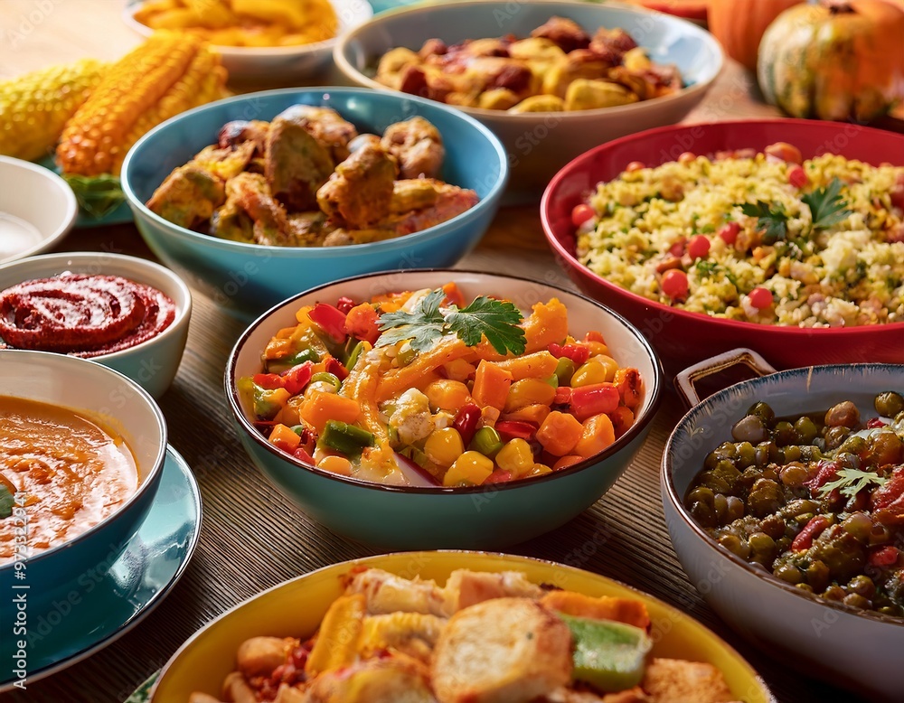 A full table of Thanksgiving salads and side dishes in colorful plates A full table of Thanksgiving salads and side dishes in colorful plates