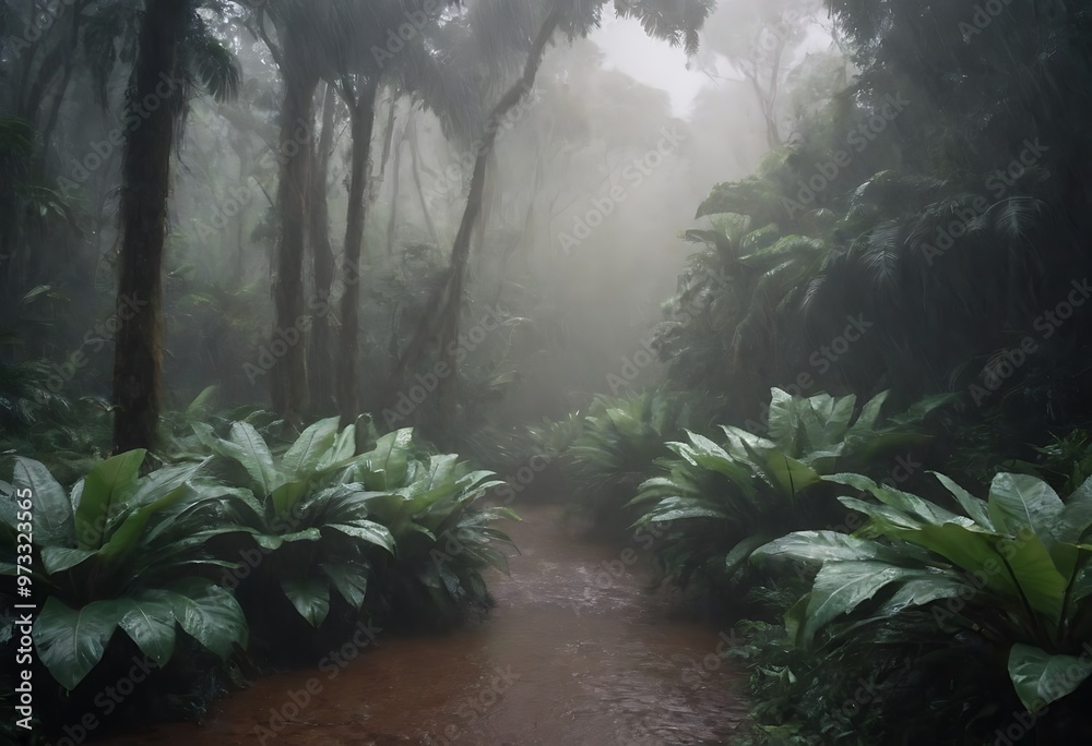 A tropical forest during a heavy rainfall, with raindrops splashing off large, glossy leaves and mist rising from the ground. A tropical forest during a heavy rainfall, with raindrops splashing off large, glossy leaves and mist rising from the ground.