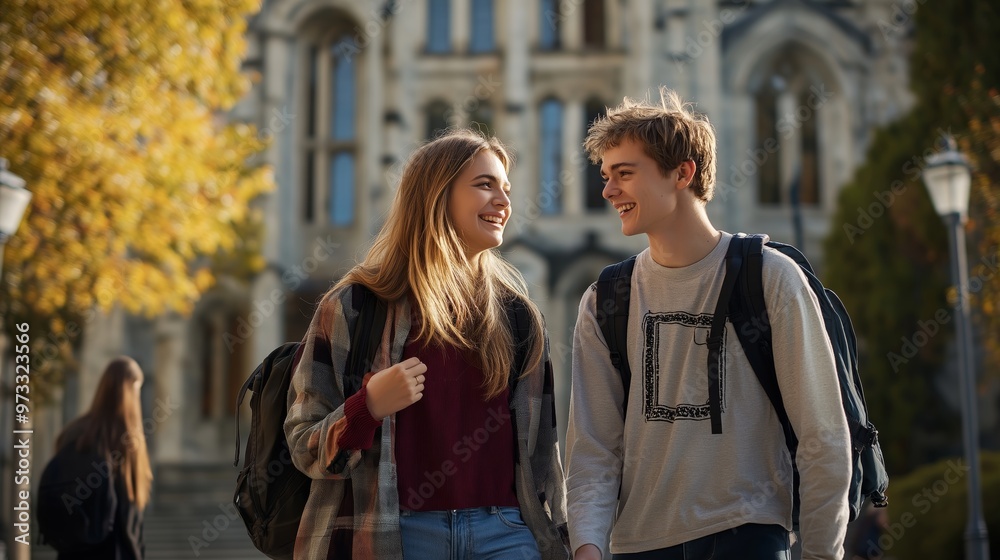 Smiling young students walking on university campus with backpacks, in bright autumn day