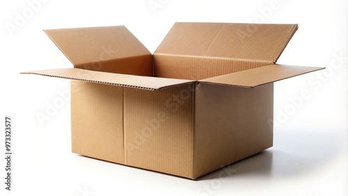 Open cardboard box with flaps folded back placed on a white background at a low angle, low angle,cardboard box, cardboard, packaging material, delivery, object, open box, relocation, brown