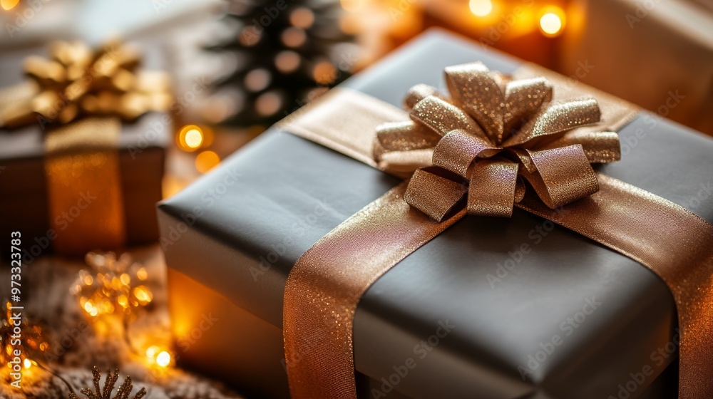 Gift box with golden bow ribbon under a festive christmas light background symbolizing celebration, holidays, and gift exchange Gift box with golden bow ribbon under a festive christmas light background symbolizing celebration, holidays, and gift exchange