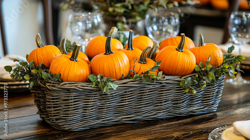 Decorative basket filled with vibrant pumpkins on a rustic dining table in autumn