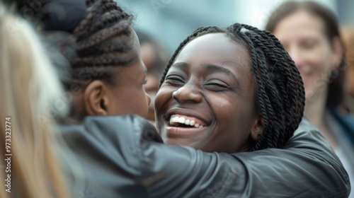 Joyful embrace between friends with warm smiles, World Smile Day