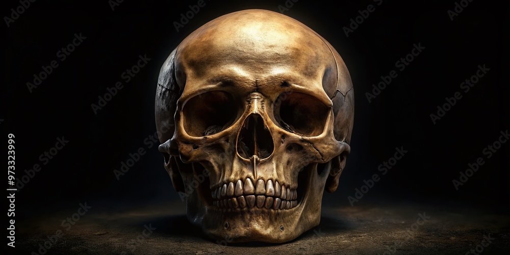 Highly detailed and intricately shaded realistic drawing of a human skull with subtle texture and depth, set against Highly detailed and intricately shaded realistic drawing of a human skull with subtle texture and depth, set against