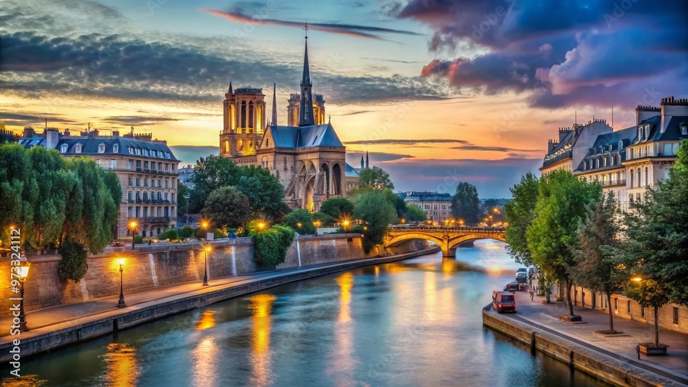 Obraz premium Historic Seine River scene featuring majestic Gothic cathedral with soaring towers, vibrant street lamps, and lush greenery on a picturesque summer evening in Paris.