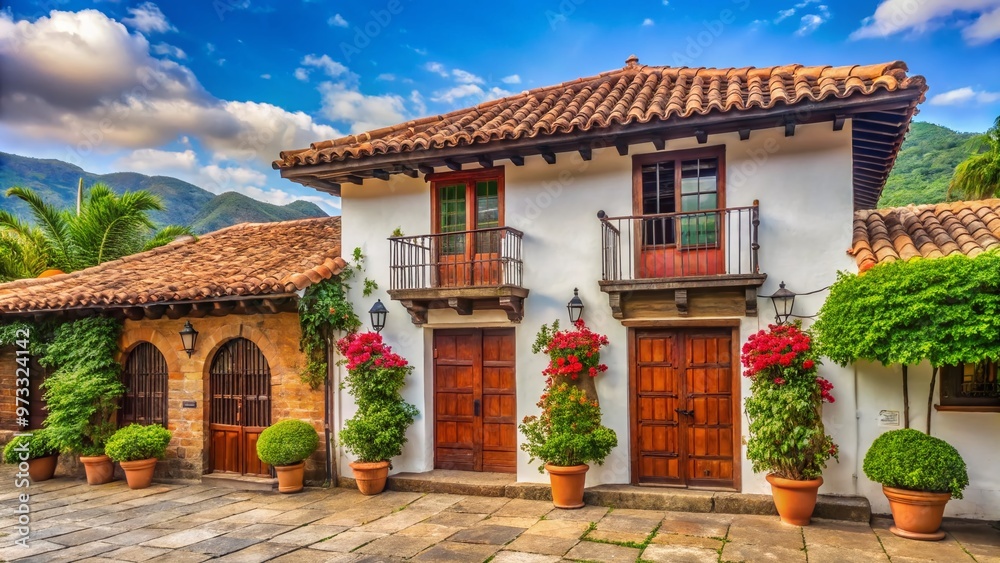 Historic Spanish colonial-style house with red-tiled roof, ornate wooden doors, and lush greenery, nestled in a charming Venezuelan town square. Historic Spanish colonial-style house with red-tiled roof, ornate wooden doors, and lush greenery, nestled in a charming Venezuelan town square.