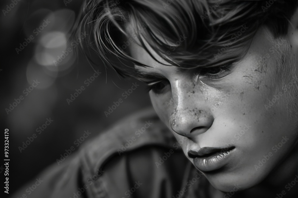 A boy with messy hair is leaning against a wall, generative ai image A boy with messy hair is leaning against a wall, generative ai image