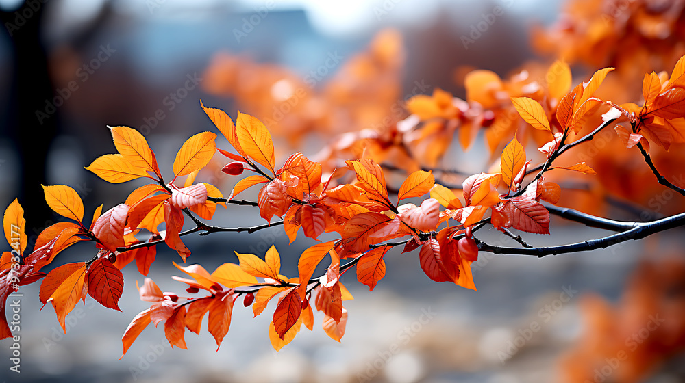 Leafy Tree Branch in Radiant Autumn Colors, Showcasing the Transition of Seasons in a Stunning Fall Scene Leafy Tree Branch in Radiant Autumn Colors, Showcasing the Transition of Seasons in a Stunning Fall Scene