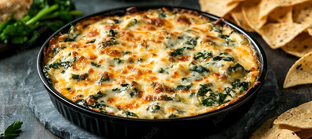A warm, cheesy spinach and artichoke dip with crispy tortilla chips A warm, cheesy spinach and artichoke dip with crispy tortilla chips