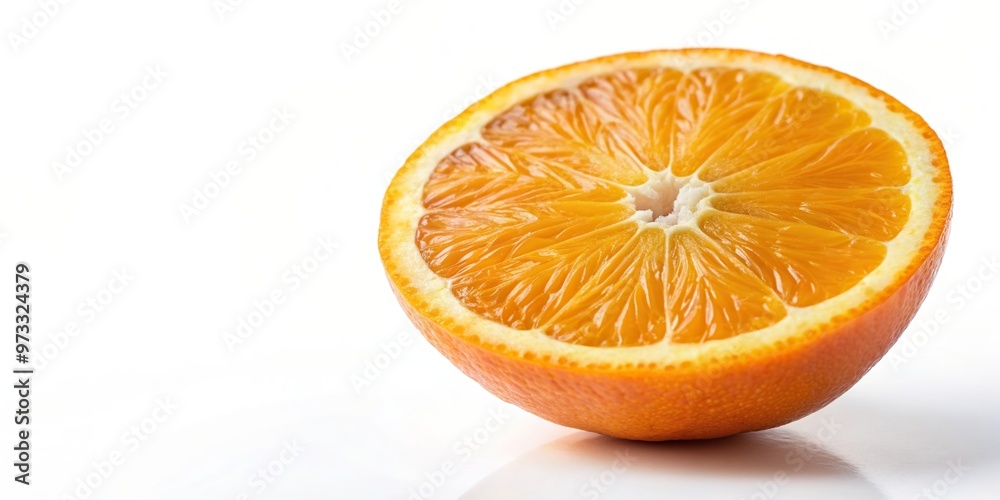 Fototapeta premium Half of an orange isolated on a white background is shown from a worm s eye view, summer, cut, fresh, isolated, food, slice, fruit, organic, half, refreshing, vibrant orange color