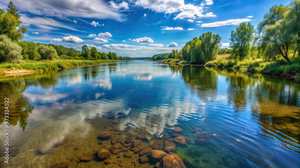 Obraz premium Mologa River, idyllic, A breathtaking long shot of the serene Mologa River near the settlement of Maksatikha showcasing its crystal clear waters and beautiful surrounding landscapes