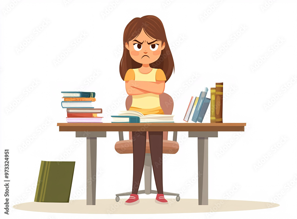 Frustrated young girl standing at her desk, expressing anger and schoolwork stress, upset child with clenched fists, educational frustration and homework difficulties, school stress reaction Frustrated young girl standing at her desk, expressing anger and schoolwork stress, upset child with clenched fists, educational frustration and homework difficulties, school stress reaction