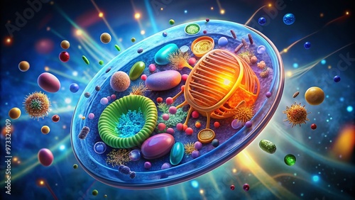 Illuminated illustration of a prokaryotic cell structure, showcasing plasma membrane, cytoplasm, ribosomes, DNA, and pili, highlighting its simple yet efficient biological organization. photo