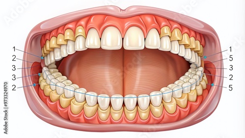 Illustrated diagram showing the permanent teeth in the human mouth, numbered and labeled, with corresponding age ranges for eruption and completion.