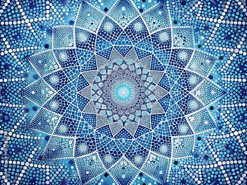 Intricate illustration of a geometric pattern created by tiny dots in shades of blue and white, evoking a photo