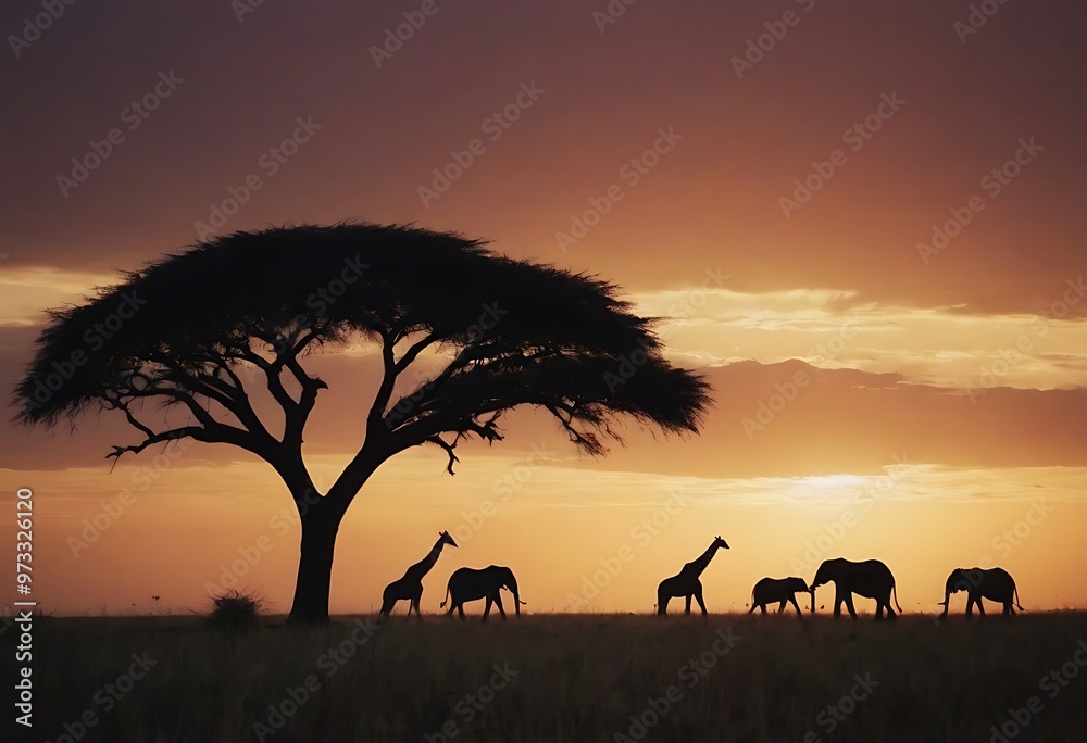 The sun setting over an African savanna, with silhouettes of acacia trees and wildlife like giraffes and elephants on the horizon. The sun setting over an African savanna, with silhouettes of acacia trees and wildlife like giraffes and elephants on the horizon.