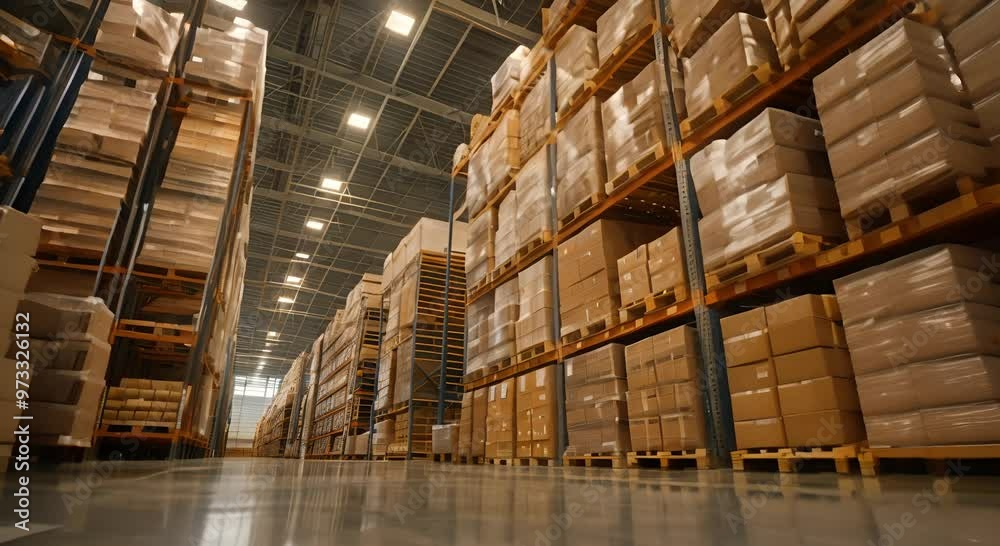 Rows of Pallets Stacked High in a Large Warehouse Rows of Pallets Stacked High in a Large Warehouse