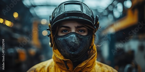 A masked professional carefully adjusts their welding torch while working on a metal structure