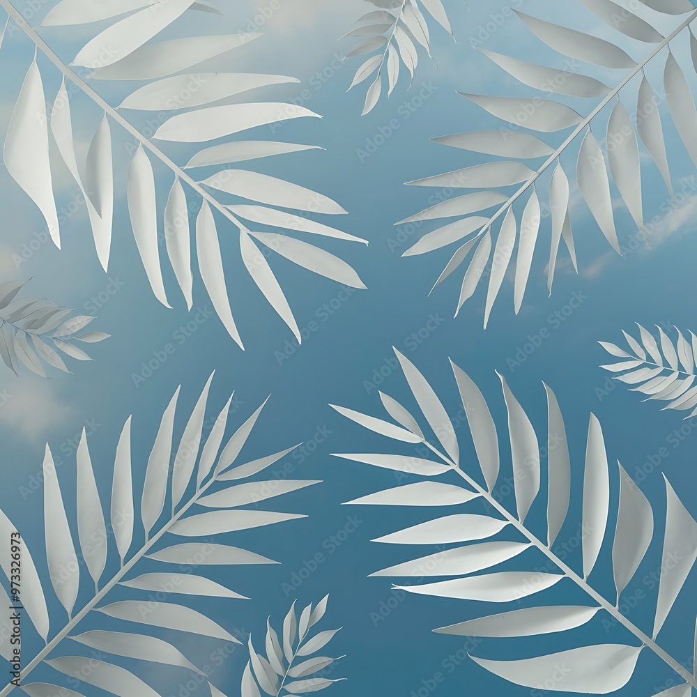 Fototapeta Top view of blue minimalistic paper cut palm leaves on blue background with copy space, panoramic shot