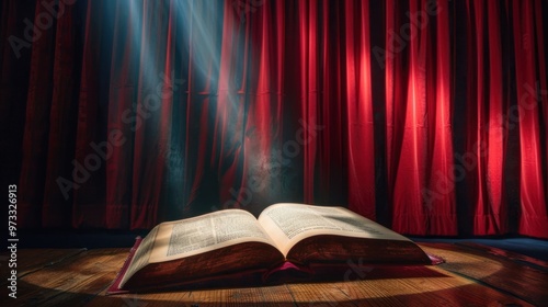 Open Book Under Dramatic Red Curtain Spotlight