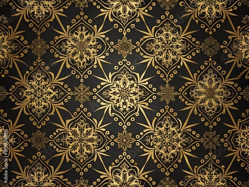 Luxurious black and gold abstract Christmas wallpaper with ornate patterns, stylish geometrics, and subtle festive