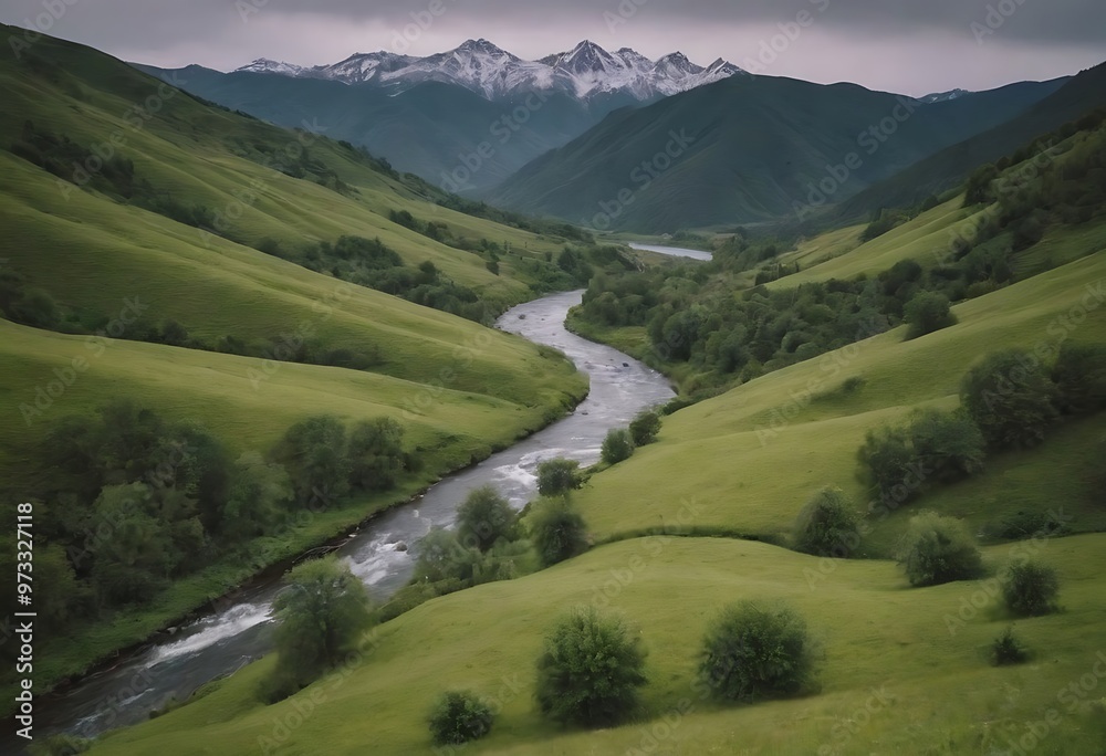 A vibrant green valley with rolling hills and a river winding through, surrounded by mountains and filled with a variety of plants and trees. A vibrant green valley with rolling hills and a river winding through, surrounded by mountains and filled with a variety of plants and trees.