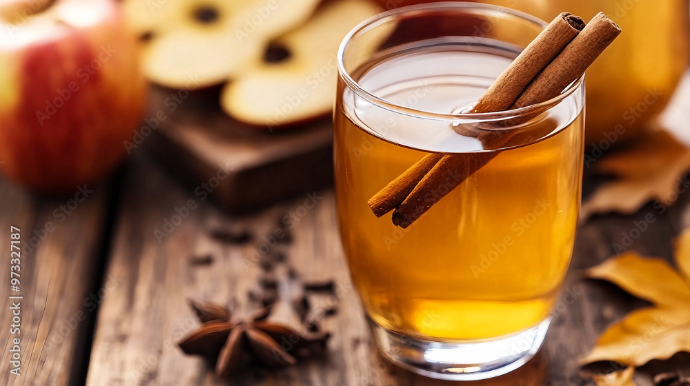 Warm spiced apple cider with cinnamon sticks and apple slices on a wooden table Warm spiced apple cider with cinnamon sticks and apple slices on a wooden table