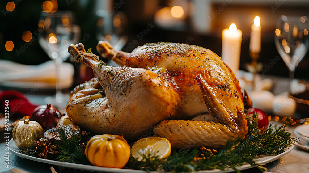 Delicious roasted turkey centerpiece served at a festive dinner table during the holiday season Delicious roasted turkey centerpiece served at a festive dinner table during the holiday season