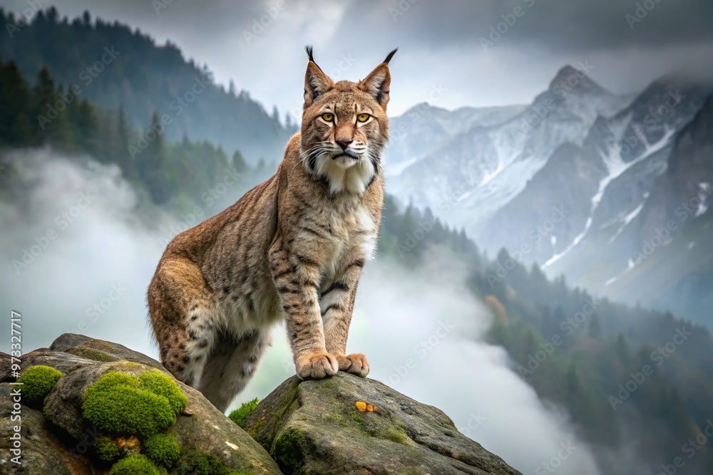 Majestic highland lynx with piercing green eyes and a thick, grey-brown coat stands alert on a rocky outcropping Majestic highland lynx with piercing green eyes and a thick, grey-brown coat stands alert on a rocky outcropping
