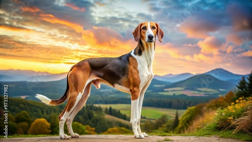 Majestic Russian Hound dog stands proudly outdoors, showcasing its distinctive tri-color coat, floppy ears, and muscular build amidst a serene, natural landscape backdrop.