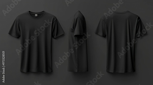 Black blank t-shirt mock-up showing front and back views, perfect for displaying clothing designs or branding.