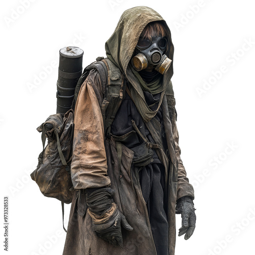 Mysterious figure in survival gear isolated transparent