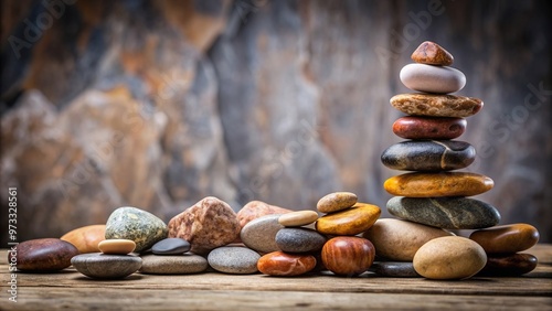 abstract, beauty, contrast, stack, serene, arrangement, design,decorative, earthy, balance, A beautifully arranged decorative pile of natural stones with an asymmetrical background photo