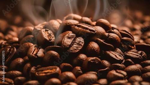 Close up view of heap of aromatic roasted coffee beans photo