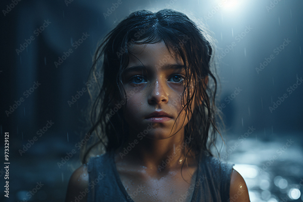 A girl lost in the rain. A child who lost her home and parents. A dark, sad atmosphere. A girl lost in the rain. A child who lost her home and parents. A dark, sad atmosphere.