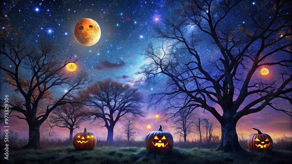 Fototapeta premium Moonless dark sky with twisted bare trees silhouetted against dark blues and purples, illuminated only by flickering jack-o-lanterns and twinkling distant stars.