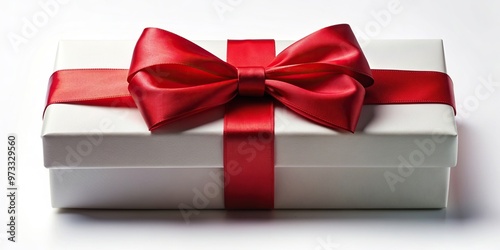 Closeup view of a large white gift box with a red ribbon bow tie atop offering a forced perspective in a wide horizontal long rectangle composition, angle, red ribbon