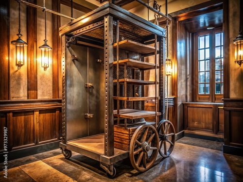 Old-fashioned metal dumbwaiter with worn wooden shelves and rusty pulleys stands idle in a dimly lit, vintage-style