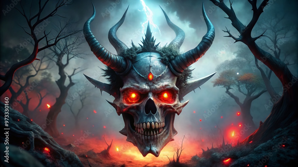 Ominous glowing-eyed skull with pointed teeth and horn-like protrusions looms from darkened background, surrounded by crimson-lit mist and eerie, twisted tree branches. Ominous glowing-eyed skull with pointed teeth and horn-like protrusions looms from darkened background, surrounded by crimson-lit mist and eerie, twisted tree branches.