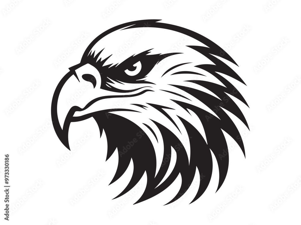 Obraz premium Black silhouette of an eagle head isolated on a white background. Concept of fierce bird illustration, majestic predator, minimalist style, powerful eagle. Print, icon, design element