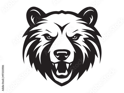 Black and White Bear Head Silhouette Illustration Isolated on a White Background. Concept of Wildlife, Fierce Predator, Iconic Animal, Graphic Design Element for Prints, Logos, and Decorations