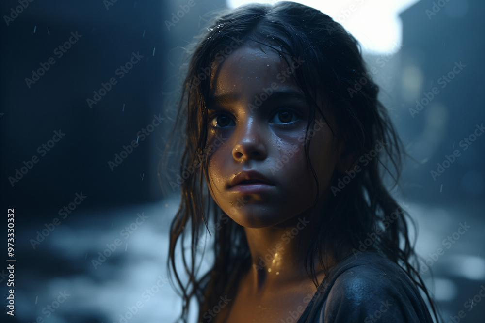 A girl lost in the rain. A child who lost her home and parents. A dark, sad atmosphere. A girl lost in the rain. A child who lost her home and parents. A dark, sad atmosphere.