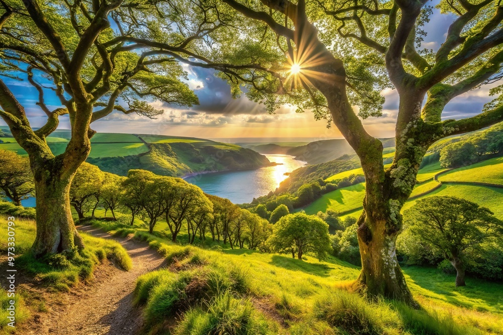 Fototapeta premium Bosahan Wood located in Cornwall England bathed in sunlight showcases a serene and breathtaking natural landscape, picturesque, forest, trees, scenic, woods, natural, England