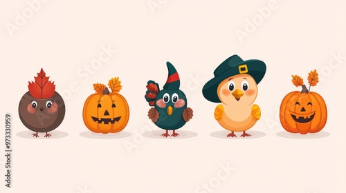 Festive Thanksgiving Vector Icons Set Featuring Smiling Cartoon Turkey, Pilgrim Hat, Pumpkin, and Fall Leaves in Vibrant Colors