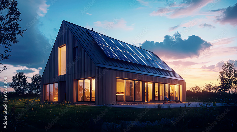 Cinematic image of a modern house with solar panels glistening on the gable roof, blue sky with soft clouds, vibrant sunlight, detailed textures and reflections, photorealistic Cinematic image of a modern house with solar panels glistening on the gable roof, blue sky with soft clouds, vibrant sunlight, detailed textures and reflections, photorealistic