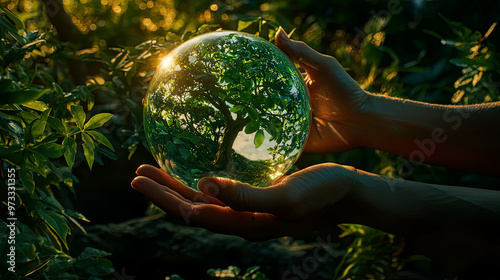 Cinematic close-up of hands holding a glowing globe with a green tree, tropical nature surrounding it, soft summer light illuminating the scene, intricate textures, ultra-detailed, ecology focus