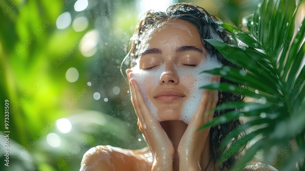 Refreshing Skincare: Woman Washing Face with Bubbles and Plants - A Natural Beauty Ritual Captured in Detail Refreshing Skincare: Woman Washing Face with Bubbles and Plants - A Natural Beauty Ritual Captured in Detail