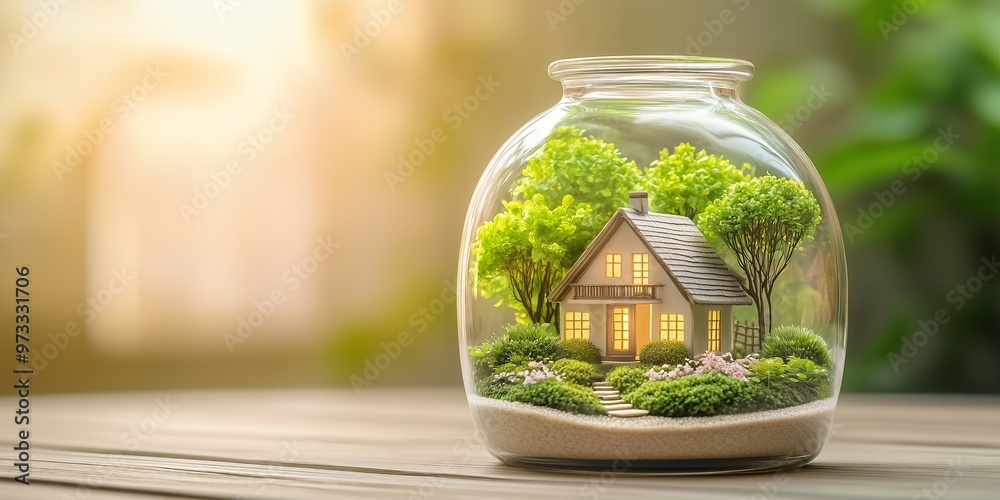 Miniature house with a garden inside a glass jar on a wooden surface. Miniature house with a garden inside a glass jar on a wooden surface.