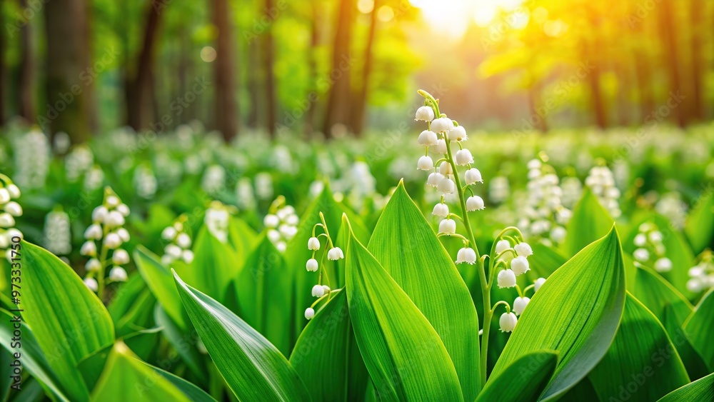 Obraz premium lily of the valley, flowers, tranquility, vibrant green, forest, field, beauty, A close up view of a vibrant green forest field in spring covered with blooming lily of the valley flowers